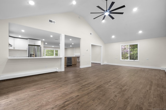 23 Aunt Pattys Ln W, Bethel, CT 06801 - unfurnished living room with a ceiling fan, high vaulted ceiling, dark wood-style floors, recessed lighting, and baseboards
