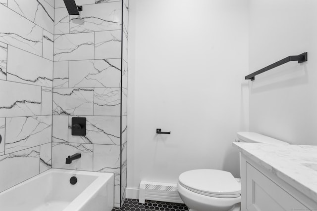 23 Aunt Pattys Ln W, Bethel, CT 06801 - full bathroom featuring a baseboard heating unit, toilet, vanity, and shower / tub combination