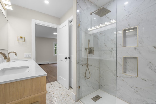 23 Aunt Pattys Ln W, Bethel, CT 06801 - bathroom with double vanity, a marble finish shower, and recessed lighting
