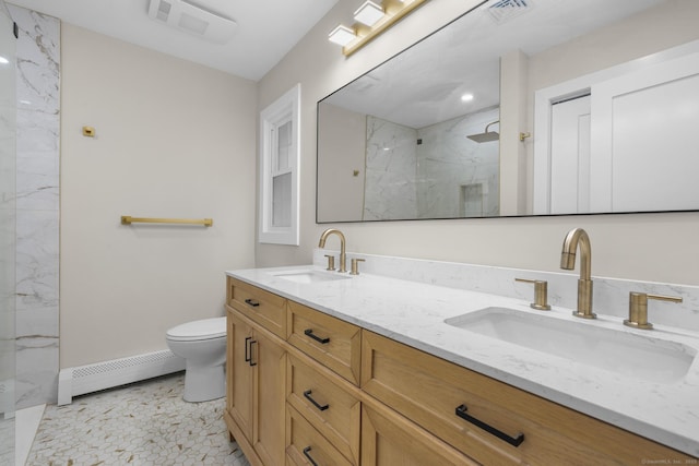 23 Aunt Pattys Ln W, Bethel, CT 06801 - full bathroom featuring a baseboard heating unit, a marble finish shower, double vanity, toilet, and baseboards
