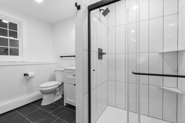23 Aunt Pattys Ln W, Bethel, CT 06801 - bathroom with marble finish flooring, a shower stall, toilet, and a baseboard radiator
