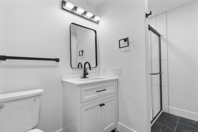 23 Aunt Pattys Ln W, Bethel, CT 06801 - bathroom with baseboards, marble finish flooring, vanity, toilet, and a shower with door