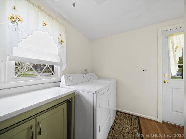 21 Poplar St, Enfield, CT 06082 - laundry area with independent washer and dryer, cabinet space, wood finished floors, baseboards, and a ceiling fan