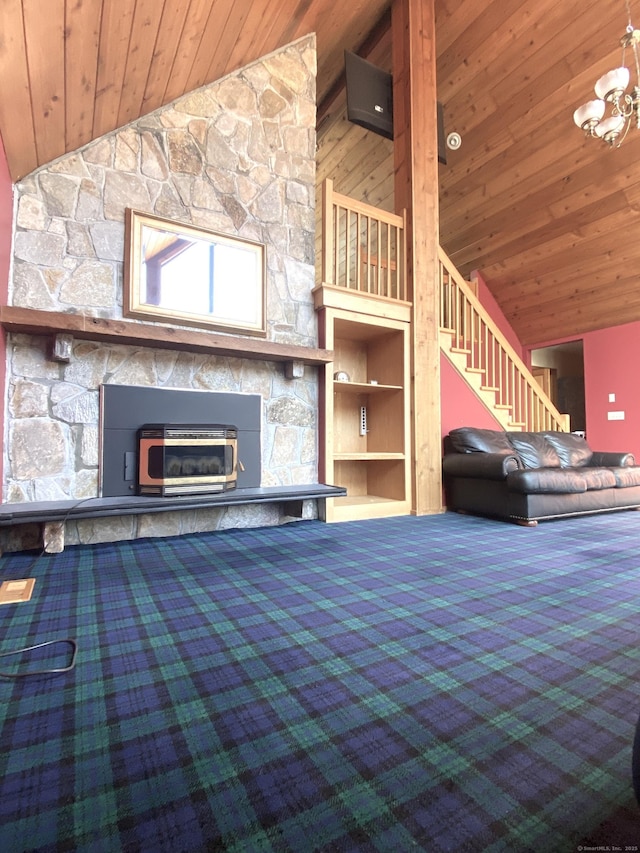 21 Holiday Point Rd, Sherman, CT 06784 - unfurnished living room featuring wood ceiling, a fireplace, stairs, high vaulted ceiling, and carpet floors