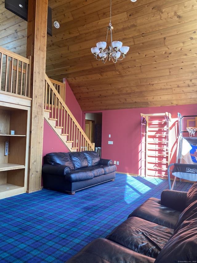 21 Holiday Point Rd, Sherman, CT 06784 - living area featuring wood ceiling, stairway, a chandelier, and high vaulted ceiling
