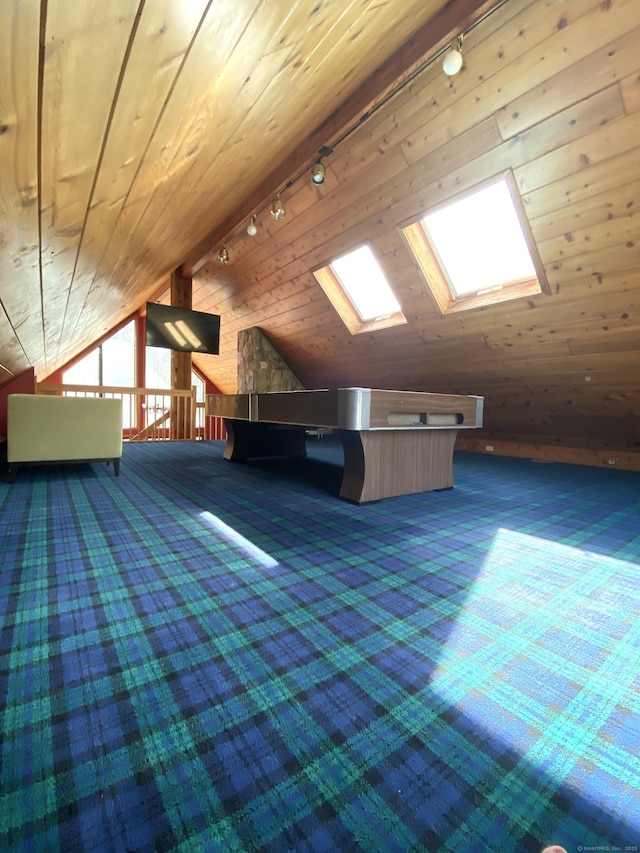 21 Holiday Point Rd, Sherman, CT 06784 - additional living space featuring a skylight, lofted ceiling, wood ceiling, carpet floors, and wood walls