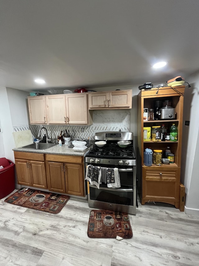 25 Bliss St, Hartford, CT 06114 - kitchen featuring double oven range, a sink, light wood-type flooring, tasteful backsplash, and light countertops