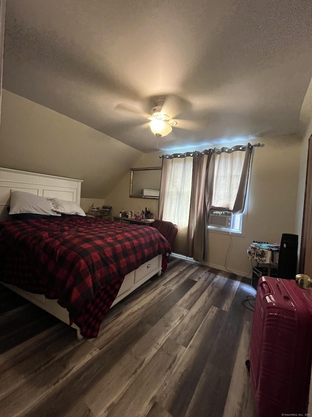 25 Bliss St, Hartford, CT 06114 - bedroom featuring dark wood-type flooring, a textured ceiling, lofted ceiling, cooling unit, and ceiling fan