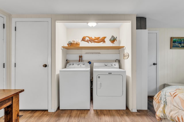 13 Green Acres Park Dr, Westbrook, CT 06498 - washroom with washer and dryer, light wood finished floors, and wooden walls