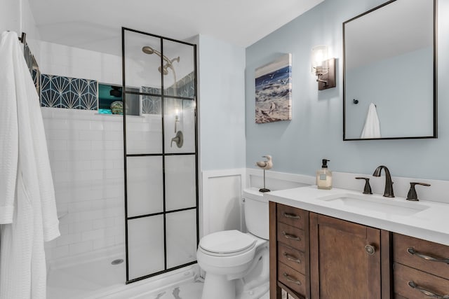 13 Green Acres Park Dr, Westbrook, CT 06498 - full bath featuring vanity, a tile shower, a wainscoted wall, and marble finish flooring