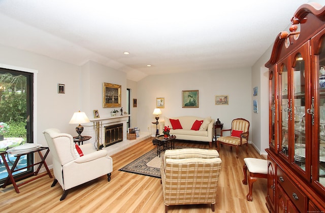 278 Heritage Vlg Unit B, Southbury, CT 06488 - living room featuring wood finished floors, recessed lighting, a brick fireplace, and baseboards