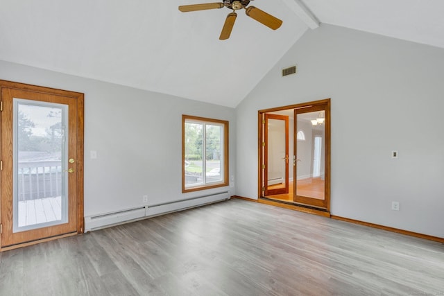 43 Worthington Rd, Glastonbury, CT 06033 - spare room with baseboard heating, beam ceiling, wood finished floors, a ceiling fan, and high vaulted ceiling