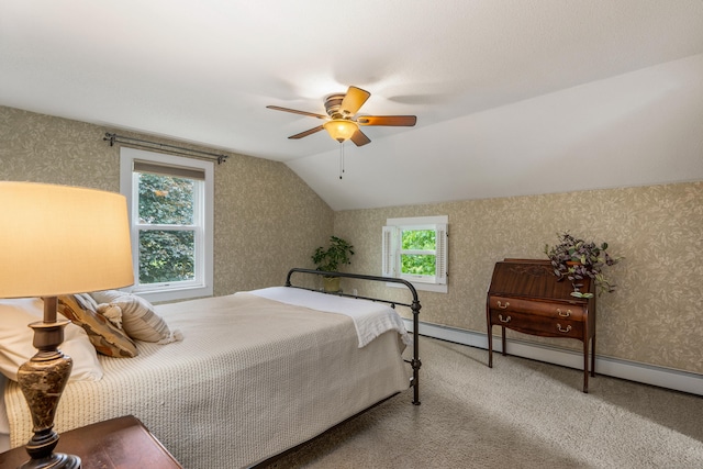 113 E Rd, East Windsor, CT 06016 - carpeted bedroom featuring wallpapered walls, lofted ceiling, a ceiling fan, and a baseboard heating unit