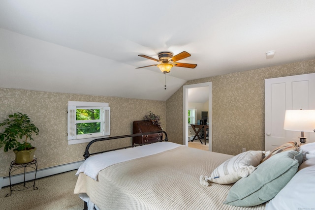 113 E Rd, East Windsor, CT 06016 - carpeted bedroom featuring wallpapered walls, a baseboard heating unit, vaulted ceiling, and a ceiling fan