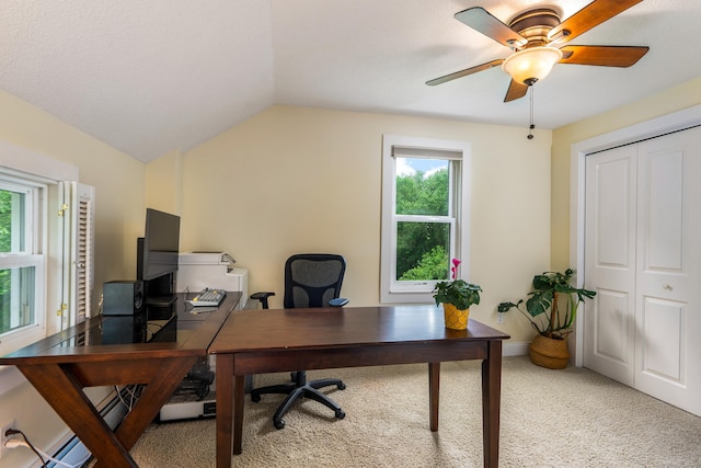 113 E Rd, East Windsor, CT 06016 - home office with healthy amount of natural light, light colored carpet, vaulted ceiling, and a ceiling fan