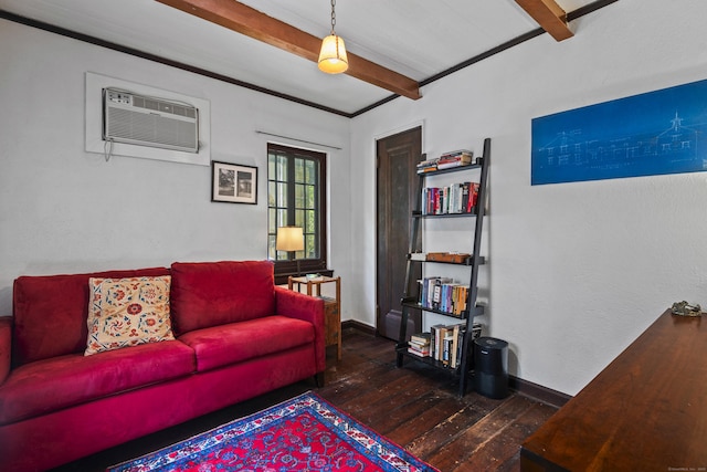 128 Blake Rd, Hamden, CT 06517 - living area with beam ceiling, hardwood / wood-style floors, baseboards, and a wall mounted AC