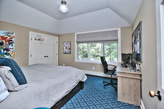 4 Plumtree Ln, Westport, CT 06880 - bedroom with a baseboard radiator, dark colored carpet, baseboards, an office area, and lofted ceiling