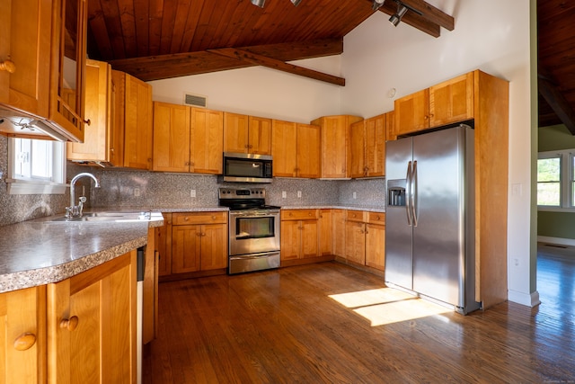 125 Woodchuck Ln, Harwinton, CT 06791 - kitchen with stainless steel appliances, a sink, dark wood finished floors, backsplash, and wood ceiling with exposed beams