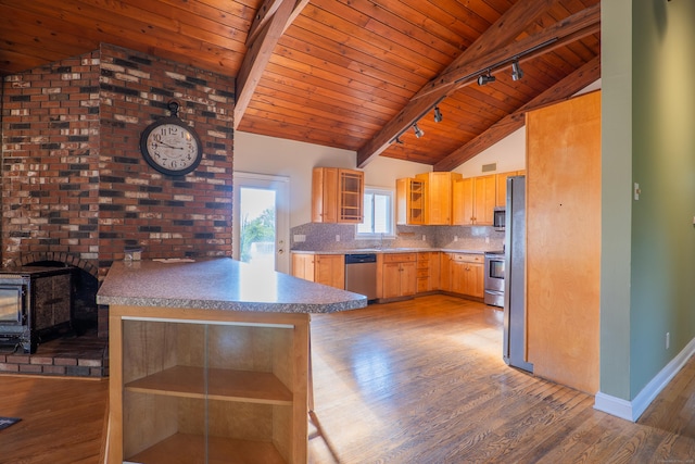125 Woodchuck Ln, Harwinton, CT 06791 - kitchen with appliances with stainless steel finishes, track lighting, wood ceiling with exposed beams, open shelves, and wood finished floors