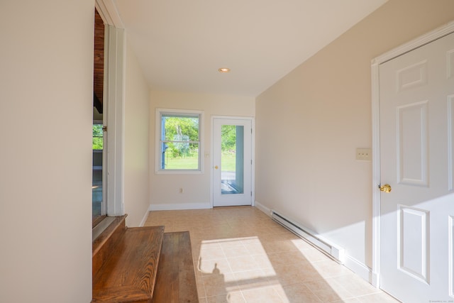 125 Woodchuck Ln, Harwinton, CT 06791 - doorway to outside featuring baseboard heating, baseboards, recessed lighting, and light tile patterned floors
