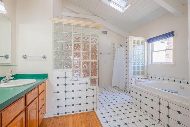 125 Woodchuck Ln, Harwinton, CT 06791 - bathroom with vanity, a relaxing tiled tub, a shower with shower curtain, and wood ceiling