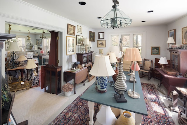 308 Main St, Salisbury, CT 06039 - living room featuring a chandelier and crown molding