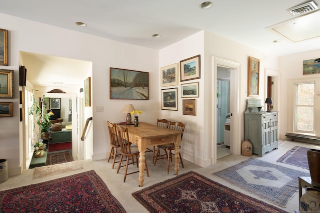 308 Main St, Salisbury, CT 06039 - dining room featuring attic access, light colored carpet, recessed lighting, and baseboards