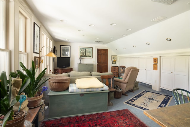 308 Main St, Salisbury, CT 06039 - living area with carpet, recessed lighting, and lofted ceiling