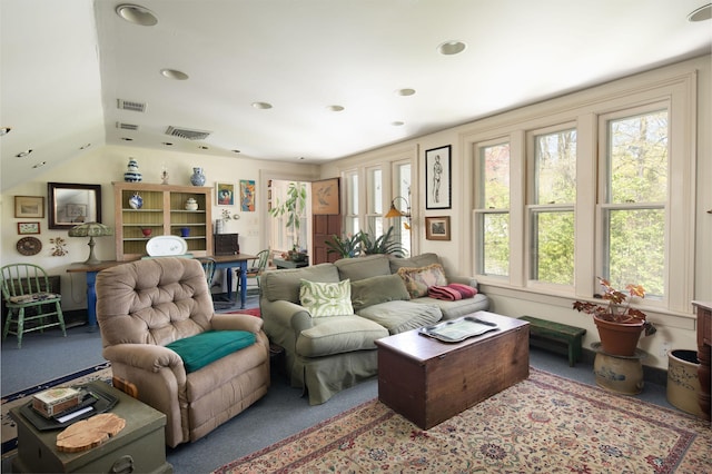 308 Main St, Salisbury, CT 06039 - living area with carpet floors, lofted ceiling, and recessed lighting