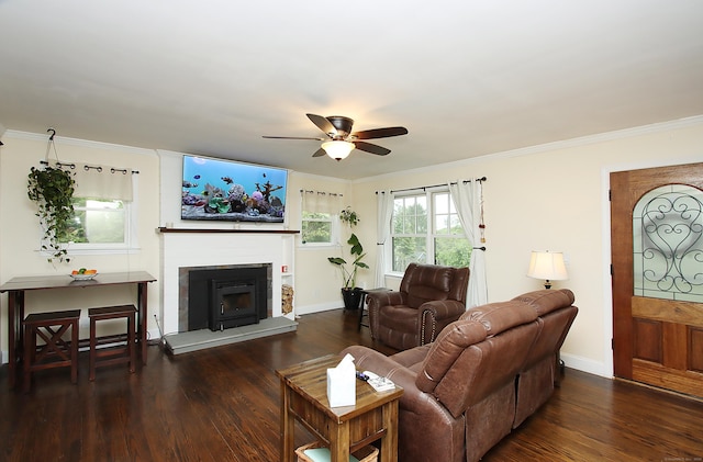 156 Clinton Hill Rd, Wolcott, CT 06716 - living room with a ceiling fan, wood finished floors, a fireplace with raised hearth, crown molding, and baseboards