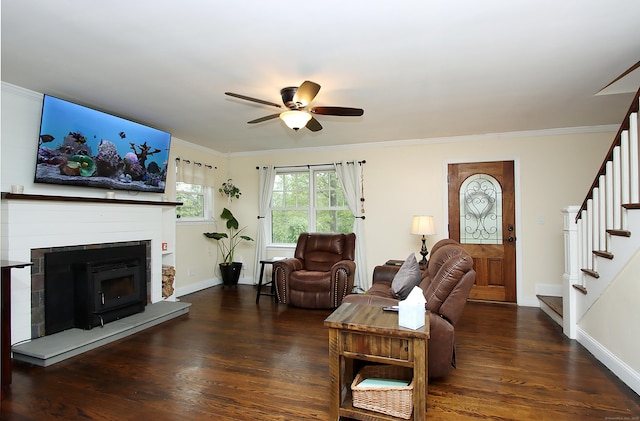 156 Clinton Hill Rd, Wolcott, CT 06716 - living room featuring stairway, wood finished floors, a ceiling fan, baseboards, and crown molding