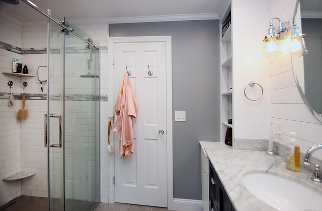 156 Clinton Hill Rd, Wolcott, CT 06716 - bathroom featuring a stall shower, vanity, and crown molding