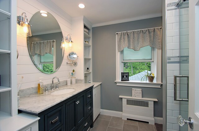 156 Clinton Hill Rd, Wolcott, CT 06716 - full bathroom with vanity, tile patterned flooring, baseboards, crown molding, and recessed lighting