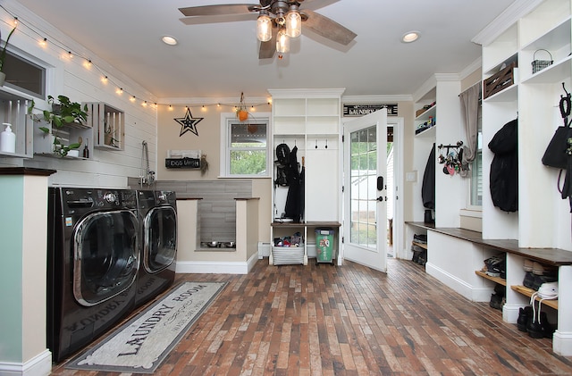 156 Clinton Hill Rd, Wolcott, CT 06716 - laundry area featuring washing machine and dryer, a ceiling fan, brick floors, recessed lighting, and crown molding