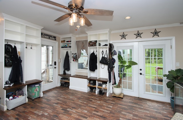 156 Clinton Hill Rd, Wolcott, CT 06716 - mudroom with french doors, brick flooring, crown molding, a ceiling fan, and recessed lighting