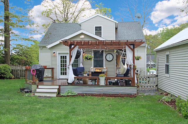 156 Clinton Hill Rd, Wolcott, CT 06716 - rear view of house with roof with shingles, a pergola, and a wooden deck