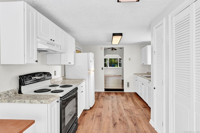 43 Ronald Rd, New Britain, CT 06053 - kitchen with electric range oven, under cabinet range hood, light countertops, light wood-type flooring, and white cabinetry