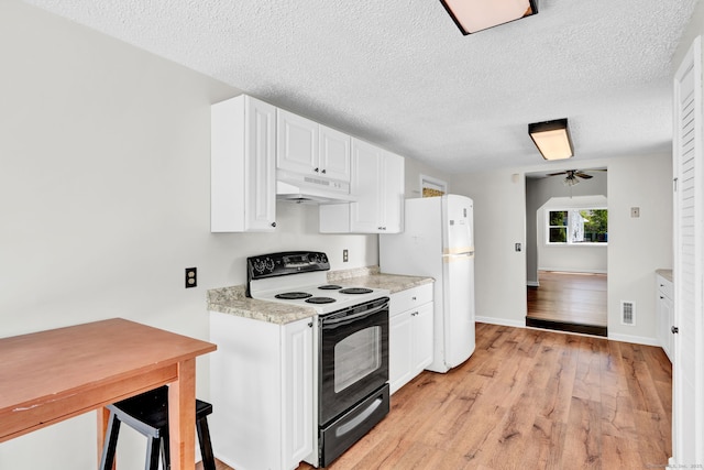 43 Ronald Rd, New Britain, CT 06053 - kitchen with range with electric stovetop, under cabinet range hood, light countertops, ceiling fan, and white cabinetry