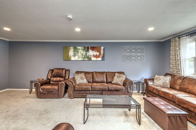 54 Mariot Cir, Wallingford, CT 06492 - carpeted living area featuring ornamental molding, a textured ceiling, recessed lighting, and baseboards
