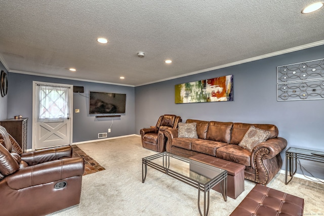 54 Mariot Cir, Wallingford, CT 06492 - living area featuring carpet floors, crown molding, recessed lighting, a textured ceiling, and baseboards