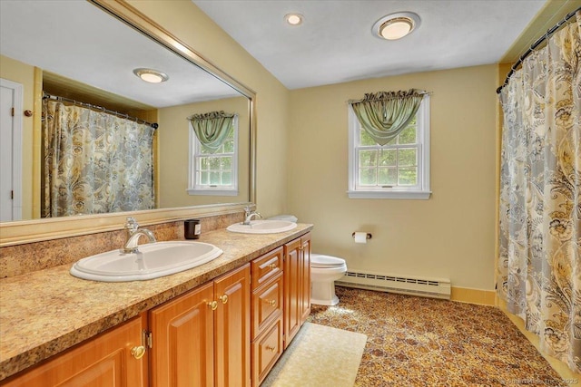 190 Bronson Dr, Middlebury, CT 06762 - full bath featuring a baseboard heating unit, double vanity, toilet, and curtained shower
