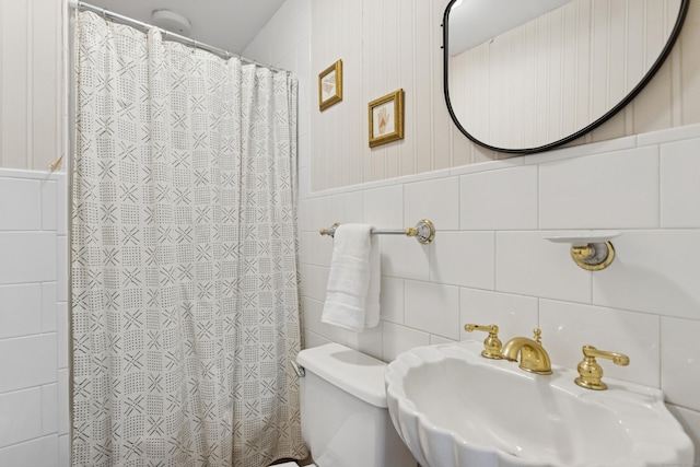 11 Valley Rd, Westport, CT 06880 - bathroom with a sink, toilet, tile walls, and curtained shower