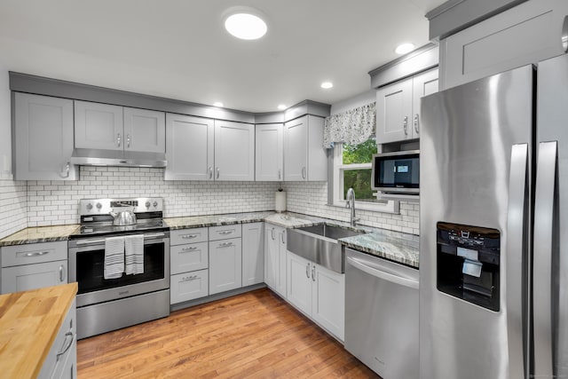 239 Old Field Ln, Milford, CT 06460 - kitchen with appliances with stainless steel finishes, a sink, butcher block counters, under cabinet range hood, and light wood finished floors