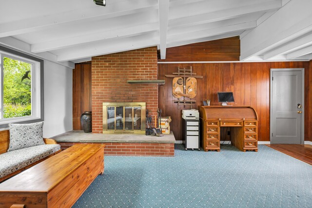 239 Old Field Ln, Milford, CT 06460 - unfurnished living room featuring a fireplace, wooden walls, and carpet floors