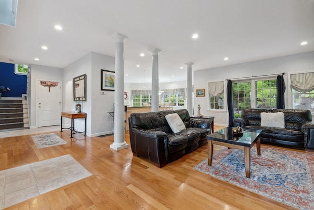 15 Ledge Rd, Southington, CT 06489 - living room with ornate columns, light wood-type flooring, recessed lighting, stairway, and baseboards