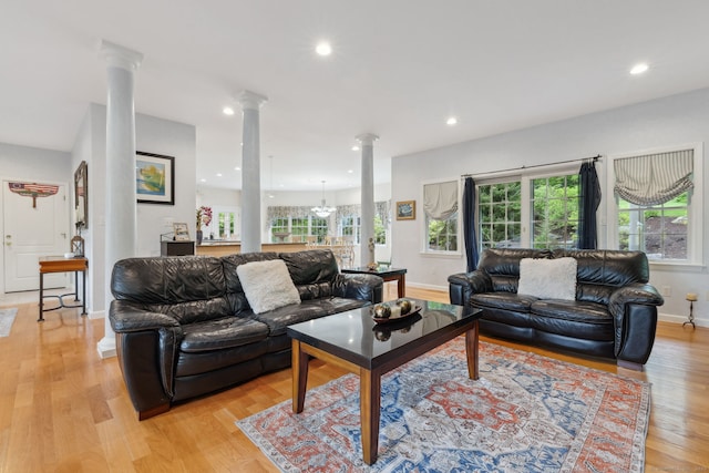 15 Ledge Rd, Southington, CT 06489 - living room featuring decorative columns, light wood-style flooring, recessed lighting, and baseboards