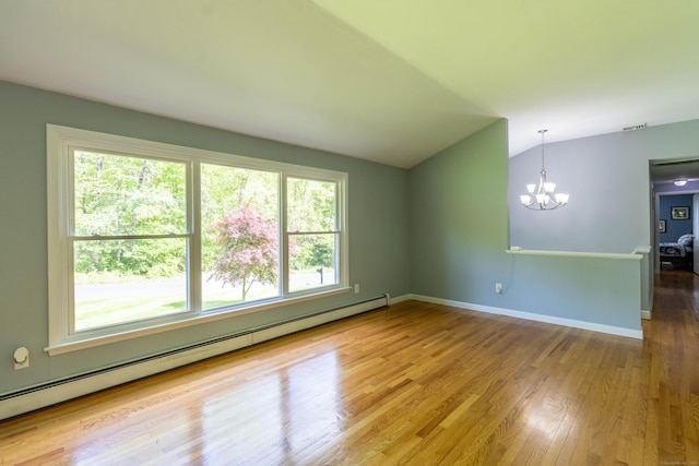 55 Linton St, Torrington, CT 06790 - unfurnished room featuring baseboard heating, a chandelier, lofted ceiling, wood finished floors, and baseboards