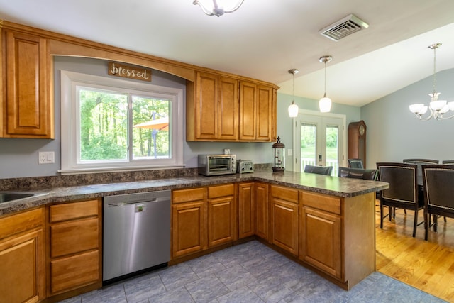 55 Linton St, Torrington, CT 06790 - kitchen featuring stainless steel dishwasher, brown cabinetry, and lofted ceiling