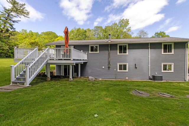55 Linton St, Torrington, CT 06790 - rear view of house featuring central AC, a deck, stairway, and a yard