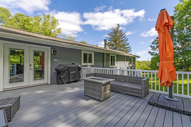 55 Linton St, Torrington, CT 06790 - wooden terrace featuring french doors, an outdoor living space, and area for grilling